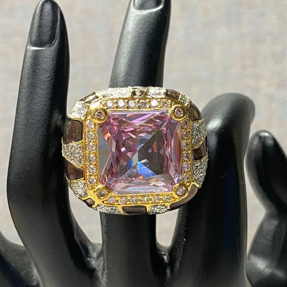 Jewelry - Mens Statement Ring Large Square Pink Gemstone Gold Tone Bold Fashion Ajustable